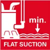 A red background with a white graphic illustrating a pump and water, along with text indicating minimum suction. Náhled obrázku produktu
