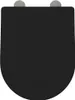 A top-down view of a black toilet seat with gray hinges. Náhled obrázku produktu