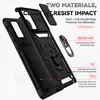 A black phone case with features highlighted by text overlays. Produktbild-Vorschau