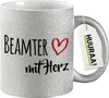 Huuraa Glitzertasse Beamter mit Herz 330ml Silber Keramik Produktbild-Vorschau 1
