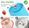 Collage showing a portable blender with six blades, and comparisons to blenders with two and four blades. Produktbild-Vorschau
