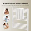 Collage of lifestyle images and a product shot of a white towel warmer. Produktbild-Vorschau