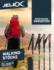 A hiker with a red backpack stands on a mountain path, with several walking sticks displayed in the foreground. Produktbild-Vorschau