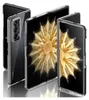Three transparent protective cases for a foldable smartphone are displayed in a staggered arrangement against a black background. Podgląd zdjęcia produktu