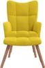 A yellow velvet armchair with wooden legs, photographed from the front against a white background. Produktbild-Vorschau