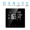 A digital thermostat with a black screen displaying temperature and time, set against a white background. Icons and text describing features are present above the thermostat. Produktbild-Vorschau