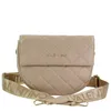 A beige Valentino Bags handbag with a quilted pattern and a gold logo on the front flap. The bag has a wide, gold strap with the Valentino logo repeated on it. The bag is shown against a white background. Anteprima dell’immagine prodotto
