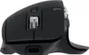 Side view of a black Logitech MX Master 3S wireless mouse. Voir les images du produit