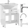 A white bathroom vanity with a sink and faucet, along with separate plumbing parts. Produktbild-Vorschau