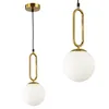 Two identical pendant lights are shown against a white background. Each light features a white spherical shade suspended from a gold-colored metal frame. Produktbild-Vorschau
