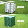 Collage showing an IBC tank before and after being covered with a green tarp. Produktbild-Vorschau