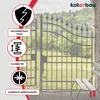 A black metal gate in a garden setting, with marketing icons and text on the left side. Náhled obrázku produktu