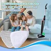A family is sitting on a couch, with a steam mop and cleaning pads in the foreground. Produktbild-Vorschau