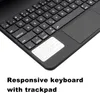 A close-up view of a black keyboard with a trackpad, with text overlay describing its features. Náhled obrázku produktu