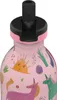 A close-up view of the top of a pink water bottle with a colorful cartoon pattern and a black straw lid. Produktbild-Vorschau