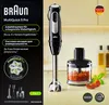 The image shows the packaging of a Braun MultiQuick 5 Pro hand blender, along with some of its accessories and ingredients. Produktbild-Vorschau