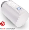 A white smart home radiator thermostat with a digital display and a red dot award logo. Produktbild-Vorschau