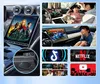 Collage of images showing a car's infotainment system, people using it, and app logos. Produktbild-Vorschau