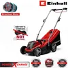 A red and black Einhell cordless lawnmower is shown on a white background, with marketing text and logos. Produktbild-Vorschau