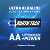 A close-up of a North Tech AA battery with blue and black accents, set against a blue background with electric blue lightning effects. Produktbild-Vorschau