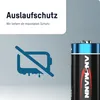 A close-up of a battery with marketing text and an icon indicating protection against leakage. Produktbild-Vorschau