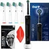 A collection of Oral-B electric toothbrush accessories and packaging, including brush heads, floss picks, and the toothbrush itself with its charging base and box. Anteprima dell’immagine prodotto