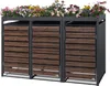 A three-bin trash can enclosure with a planter on top, featuring wooden-look doors and filled with colorful flowers. Produktbild-Vorschau