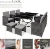 A rattan garden furniture set with a table and chairs, accompanied by marketing text and feature callouts. Náhled obrázku produktu