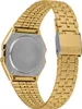 The back of a gold-colored digital watch with a metal band. Voir les images du produit