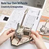 Hands assembling a 3D wooden puzzle of an electric guitar and amplifier. Voir les images du produit