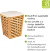 A bamboo storage basket with a padded seat, accompanied by text describing its features in English and German. Anteprima dell’immagine prodotto