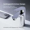 A modern bathroom faucet and a smartphone are placed on a white sink. Produktbild-Vorschau