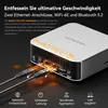 A close-up marketing image of a GEEKOM A8 Max Mini PC, highlighting its dual 2.5G LAN ports and other features with overlaid text and icons. Produktbild-Vorschau
