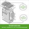 An exploded view diagram of a wooden shed, with callouts describing the roof and floor materials. Produktbild-Vorschau