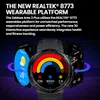 A smartwatch with multiple screens displaying different features, set against a dark, grid-like background. Produktbild-Vorschau