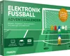 The image shows the packaging of an electronics football advent calendar, with a football field graphic and game pieces. Produktbild-Vorschau
