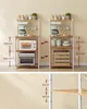 Two kitchen shelves are shown side by side with measurements indicating shelf height and spacing. Below this, a close-up of a shelf bracket and wooden shelf is shown with measurements. Both shelves appear to be identical in structure, but are shown with di Náhled obrázku produktu