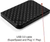 A black external hard drive with a textured surface is shown at an angle. A red line points to the drive, with text below describing its USB 3.0 cable. Produktbild-Vorschau