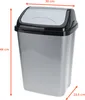 A gray trash can with a black lid and dimensions indicated by orange arrows and text. Voir les images du produit