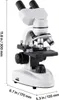 A white microscope on a white background with dimensions indicated by text and lines. Voir les images du produit