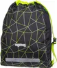 A black drawstring backpack with a geometric pattern of green and white lines, and a reflective strip at the bottom. Produktbild-Vorschau