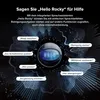 A central sphere with lights is surrounded by radiating lines and speech bubbles containing voice commands. Produktbild-Vorschau