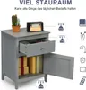 A grey nightstand with an open drawer and door, displaying its storage capacity and weight limits. Náhľad obrázku produktu