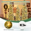 Three artificial Christmas trees with LED lights and snow, along with close-ups of the lights and adapter. Podgląd zdjęcia produktu