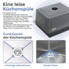 A collage of images showcasing features of a kitchen sink, including a close-up of the sink's underside, a diagram of its drainage system, and a close-up of its rounded corners. Produktbild-Vorschau