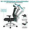 An ergonomic office chair with adjustable features is shown with diagrams illustrating its reclining angles and adjustment levers. Produktbild-Vorschau