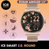 A marketing image for an ICE-WATCH Ice smart 2.0 smartwatch, showcasing its rose gold metal band and floral watch face. Icons representing various smartwatch features are displayed on the left side of the image. Anteprima dell’immagine prodotto
