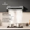 A kitchen scene with a range hood above a stovetop with pots, featuring text describing the product's features. Produktbild-Vorschau