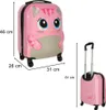 A pink cat-themed suitcase with dimensions indicated, shown both closed and with its handle extended. Anteprima dell’immagine prodotto