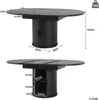 Diagrams showing the dimensions of a black round dining table that can be extended into an oval shape, with a storage compartment in the base. Náhľad obrázku produktu